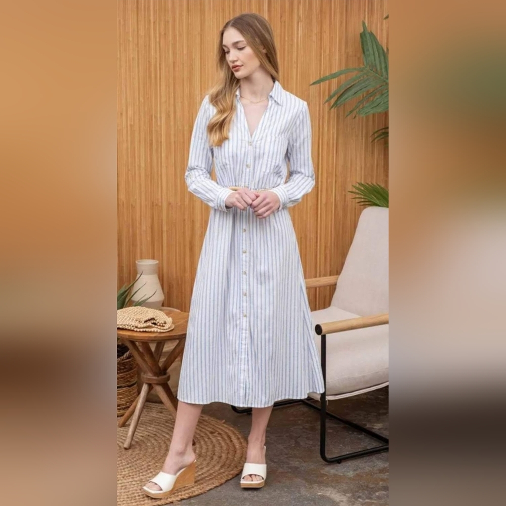 NWT!Fall Pinstripe Linen Blend Women's Maxi Dress Button Front Shirtdress Small